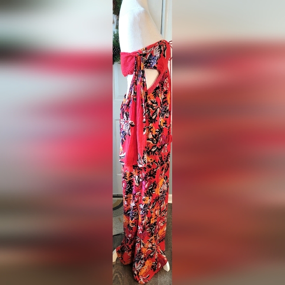 Free People Falling Flowers Jumpsuit Womens M Red Multi Floral Cutout Flowy Boho - Picture 6 of 16